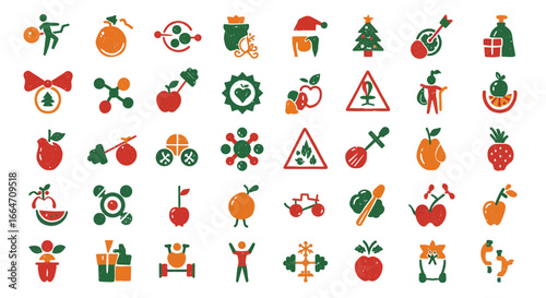 A collection of festive and fruity icons, depicting Christmas, apples, oranges, and molecular structures.