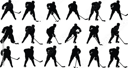 Canvas Print Ice hockey player silhouette, sports action vector, black clipart set, skating p