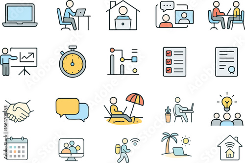 Freelance Line Icons Set Business, Remote Work, Meeting, Management, Digital Nomad, Workation Colored Vector Pack