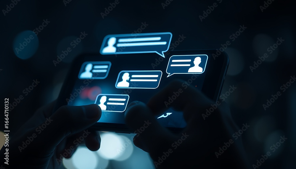 Obraz premium Hands holding smartphone with multiple glowing chat bubbles and user icons mobile phone texting