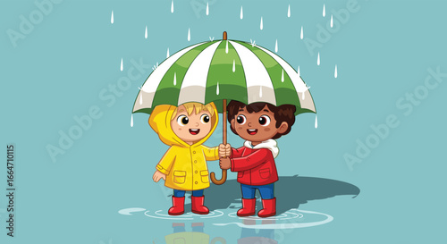 Happy kids sharing green umbrella in rain, cartoon children in raincoats and boots standing in puddle, friendship and kindness.