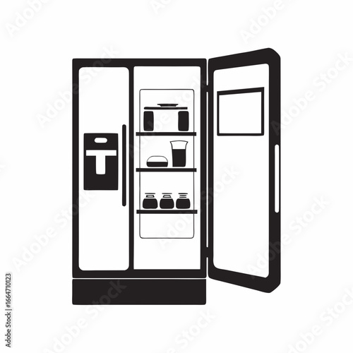 Modern refrigerator with open door showcasing smart doorbell camera integration for home security. Smart doorbell camera feature is perfect for monitoring and home safety,