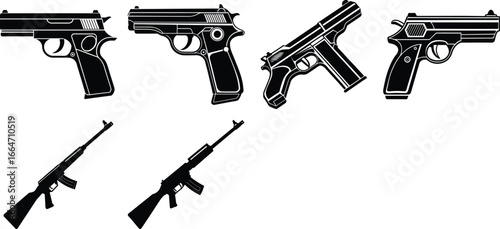 Collection of various types of firearms including pistols, rifles, and machine guns isolated on transparent background, showcasing different designs