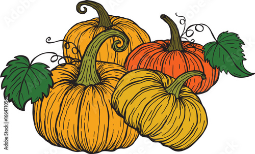 Hand drawn of Pumpkins with leaves on a white background. Autumn harvest. Vector Illustration .
