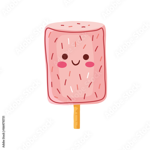 Cute pink marshmallow character with a happy expression on stick  