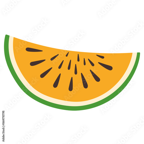 Orange melon slice with green rind and black seeds  