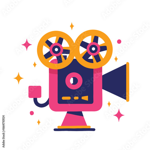 Colorful retro movie projector with reels and sparkling accents  