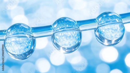 Close-up of clear liquid droplets adhering to a transparent glass rod with a bokeh background