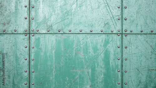 Aged green metal plates with rivets create a textured industrial background for various design projects and artistic presentations