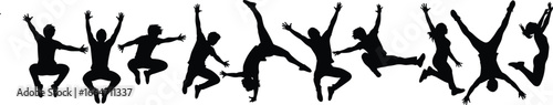 Jumping people silhouette, energetic poses vector, happy dancing figures, expressive movement design, black illustration set, excitement, celebration, motion art clipart