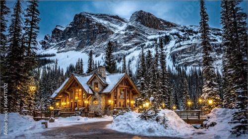 A winter wonderland scene showcasing a cozy log cabin nestled amongst snowy mountains.