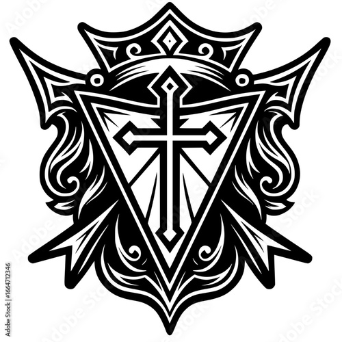 Striking crest emblem with cross and crown, bold heraldic design for tattoo or logo, vector origin
