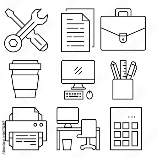 Office Tools and Workspace. Icons Set Education simple minimal thin line icons. Related student, academy, school, college. Editable stroke. Vector illustration.