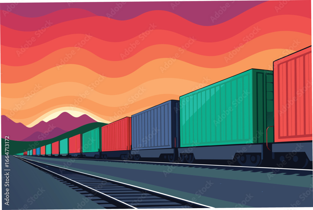 Fototapeta premium A long freight train carrying colorful containers.