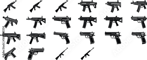 Collection of various types of firearms, including pistols, rifles, and machine guns isolated on transparent background, showcasing different weapon designs