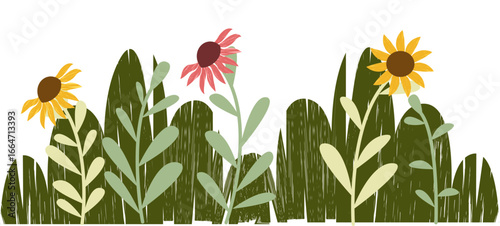 Beautiful spring flowers and grass illustration art with fresh and colorful style. Perfect for seasonal themes, nature projects, garden designs, posters, greeting cards, decorative patterns, and digit