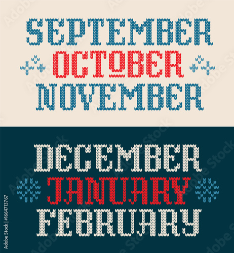 Autumn and winter months. The vibrant lettering in a knitted texture, reflecting a cozy, retro mood. The color palette includes warm, cozy colors. For seasonal themes or promotional materials.