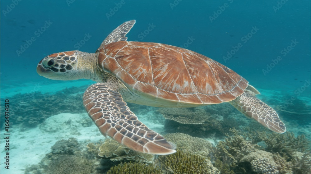 Obraz premium Green sea turtle gliding through clear ocean waters, surrounded by dappled sunlight and coral.