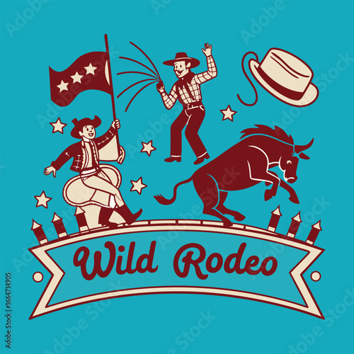 Vintage wild rodeo illustration with cowboys, bull and banner on blue background