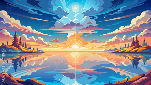 Captivating sky scenes shift throughout the day, mirrored perfectly in natural water body, reflections glowing gently, clouds drifting softly, horizon breathes peace, eternal dance of light and shadow