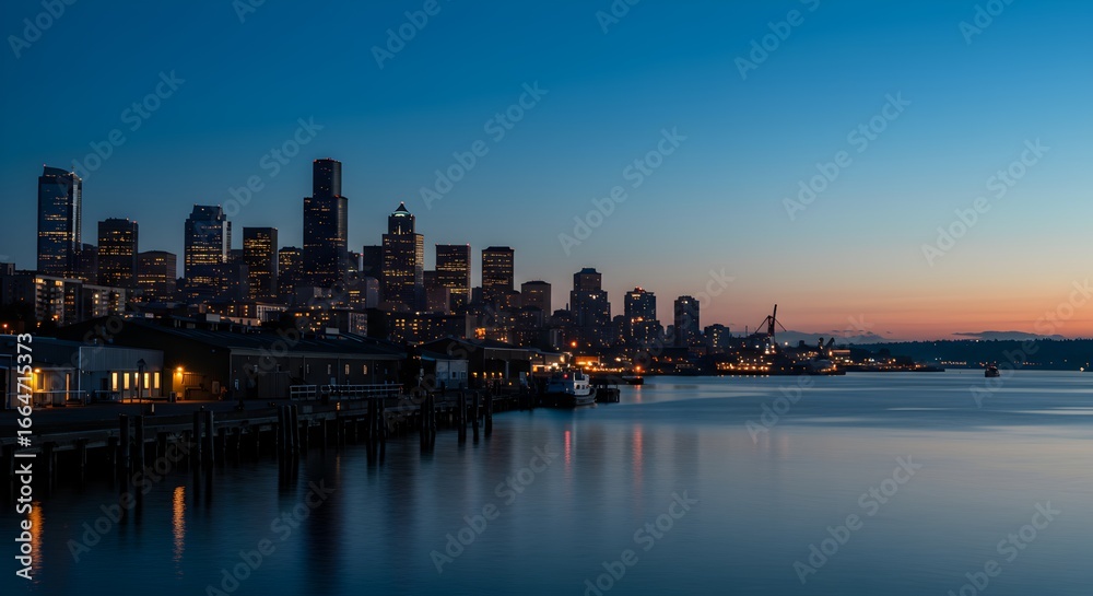 Naklejka premium Seattle skyline at dusk reflecting in Puget Sound on a clear evening