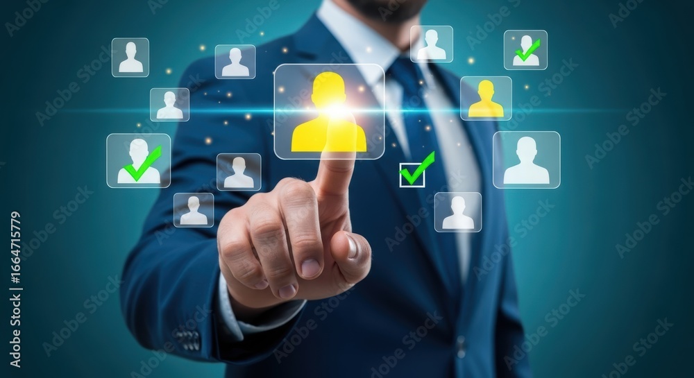 Obraz premium Businessman selecting a candidate from a digital interface with user profiles, human resource concept