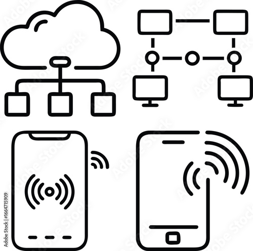 A collection of four outline icons depicting cloud computing, network topology, and wireless smartphone connectivity.
