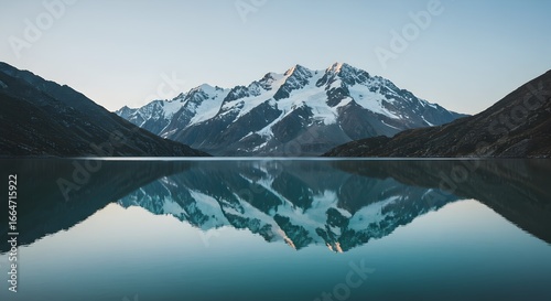 Serene mountain range reflecting in tranquil lake during peaceful dawn