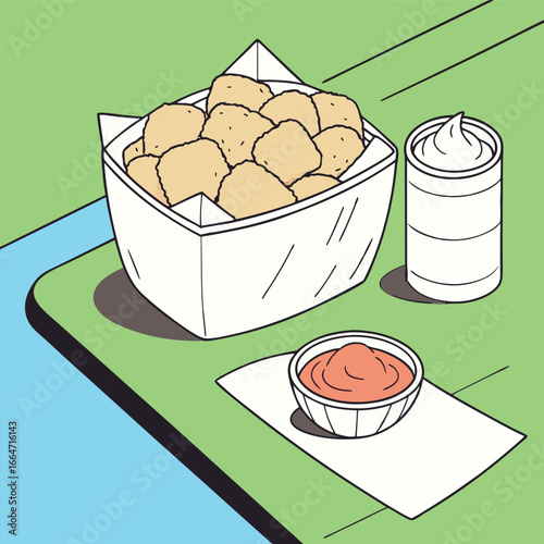 Isometric illustration of chicken nuggets with sauce and mayonnaise