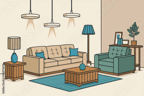 Furniture store interior with sofas and tables.