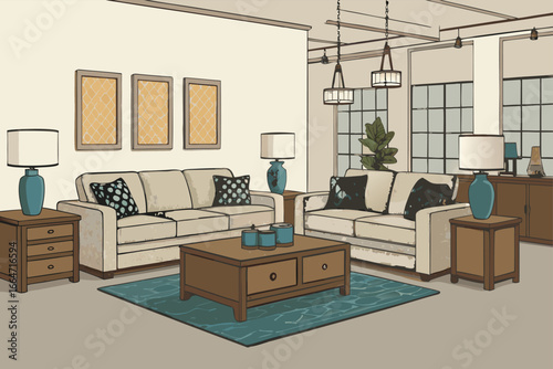 Furniture store interior with sofas and tables.