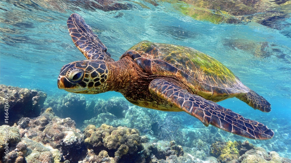 Obraz premium Green sea turtle gliding through clear ocean waters, surrounded by dappled sunlight and coral.