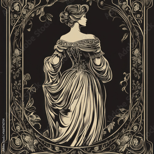 Illustrator sketching a classic Art Nouveau poster, deep and flowing line work, elegant and sophisticated composition, rich and timeless artistic style, isolated stock photography concept. 