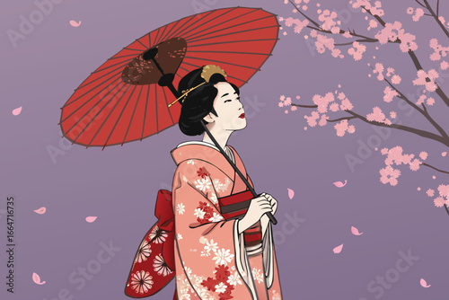 Elegant geisha in a colorful kimono under an umbrella.