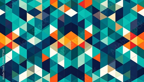 Abstract geometric pattern of teal, orange, and white triangles