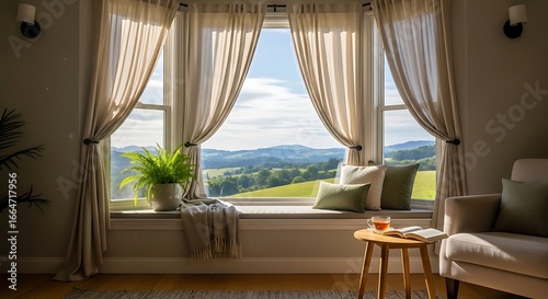 Serene window view with rolling hills and relaxing interior details atmosphere