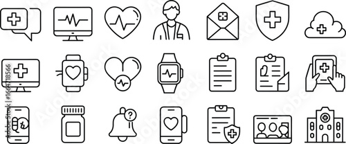 Healthcare icons set, medical consultation, doctor communication, online health service, telemedicine, hospital care, medical report, smartwatch, heart monitoring, medicine reminder