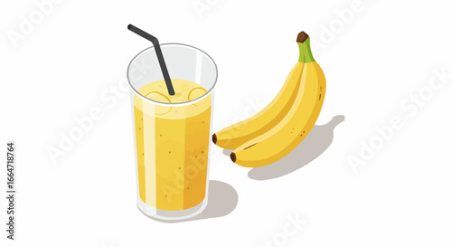 Fresh Banana Smoothie in a Glass with Straw and Whole Bananas. Healthy Tropical Fruit Drink. Isometric Vector Illustration.