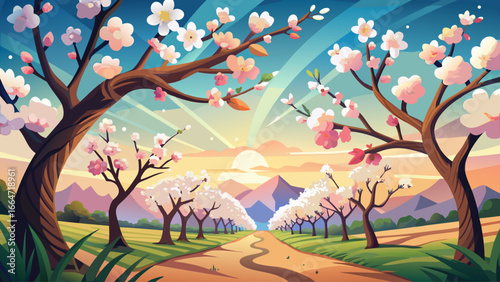Picturesque scene blossoms with almond trees rising proudly in background, delicate branches painted by sky, timeless spring radiates beauty, fragrant air whispers serenity, nature’s harmony inspires 