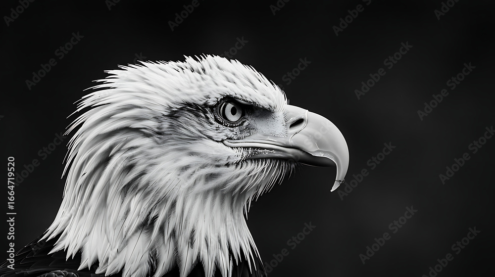 Fototapeta premium A striking black and white portrait captures the intense gaze and powerful presence of a bald eagle, highlighting its majestic features and fierce spirit
