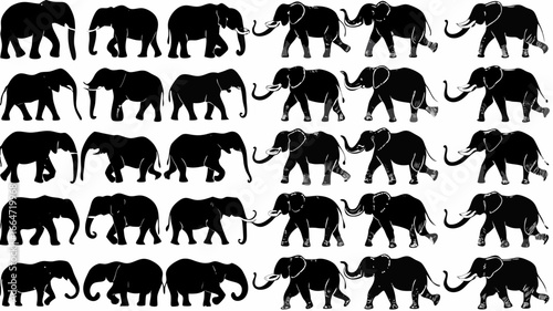 Silhouette illustration showcases a multitude of elephants in various poses and orientations, creating a pattern | editable eps vectors