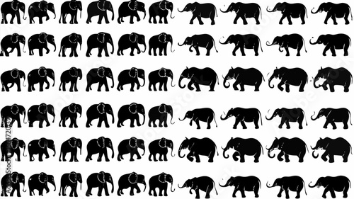 Silhouette pattern showing many elephants walking in various poses in a repeating arrangement design style | editable eps vectors