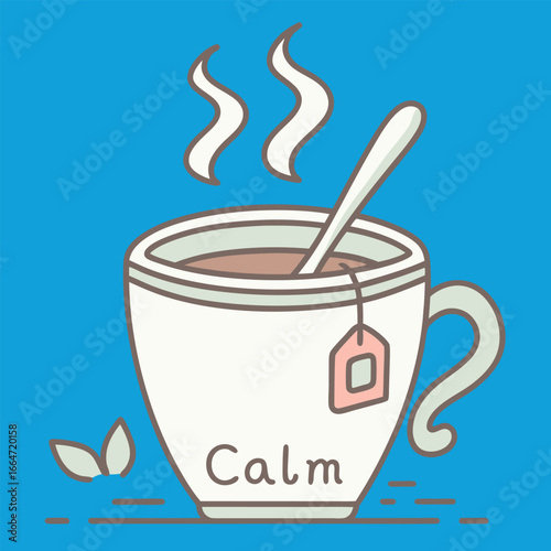 Illustration of a cup of tea with the word calm written on the side