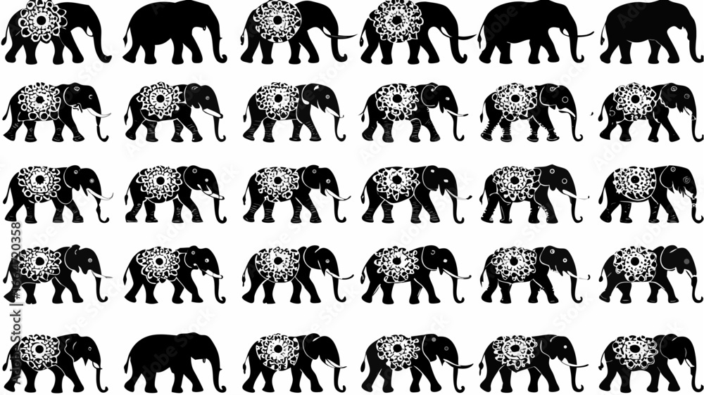 Obraz premium Seamless pattern of black elephants with floral decorations on their bodies in a repeating design layout | editable eps vectors silhouette