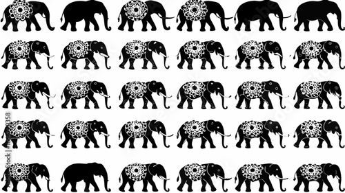 Seamless pattern of black elephants with floral decorations on their bodies in a repeating design layout | editable eps vectors silhouette