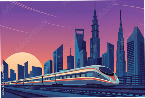 High-speed bullet train rushing through a futuristic cityscape.