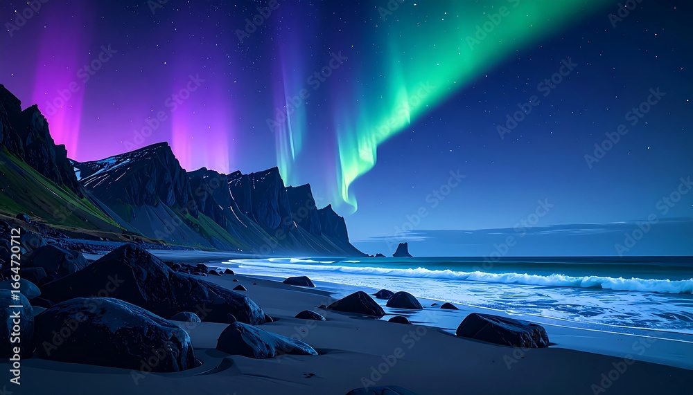 Naklejka premium Majestic Northern Lights over Icelandic Coastline.