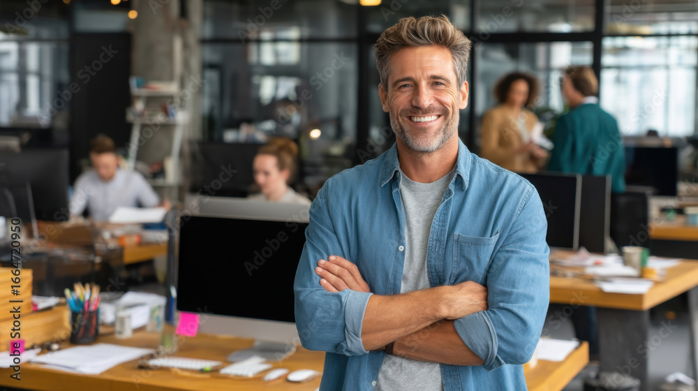 Fototapeta premium Confident man stands modern office environment, smiling with arms crossed. workspace features computers, colleagues engaged discussions, and vibrant atmosphere, reflecting teamwork