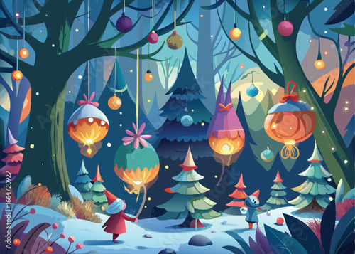 A whimsical winter forest scene, filled with glowing Christmas decorations hanging from trees.