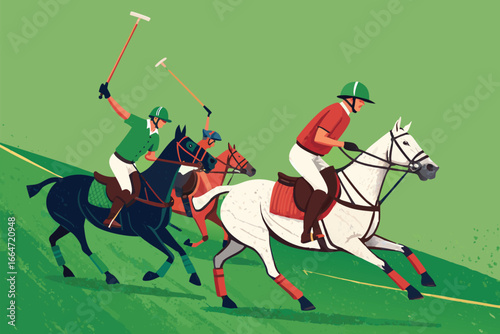 Horseback polo players swinging mallets during a match.